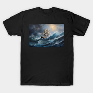 Ship Sailing Through The Deep Blue Sea Storm T-Shirt